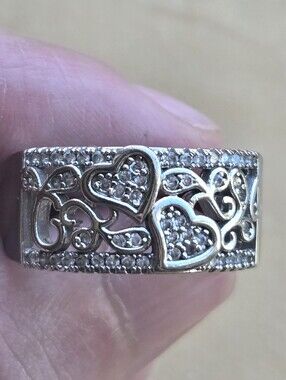 Sterling Silver Heart Filigree Ring with Clear Stones - Silver